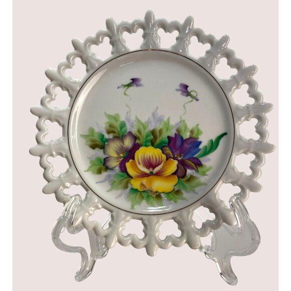 Lefton Handpainted Fleur-de-lis reticulated edge Purple Yellow Flowers Plate - Picture 1 of 6